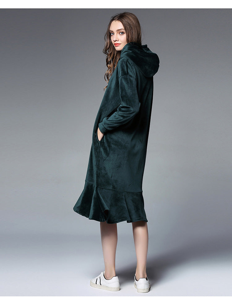 Europe and the United States large size women's autumn and winter fat mm long hooded sweater women's thick velvet bottoming skirt 6610