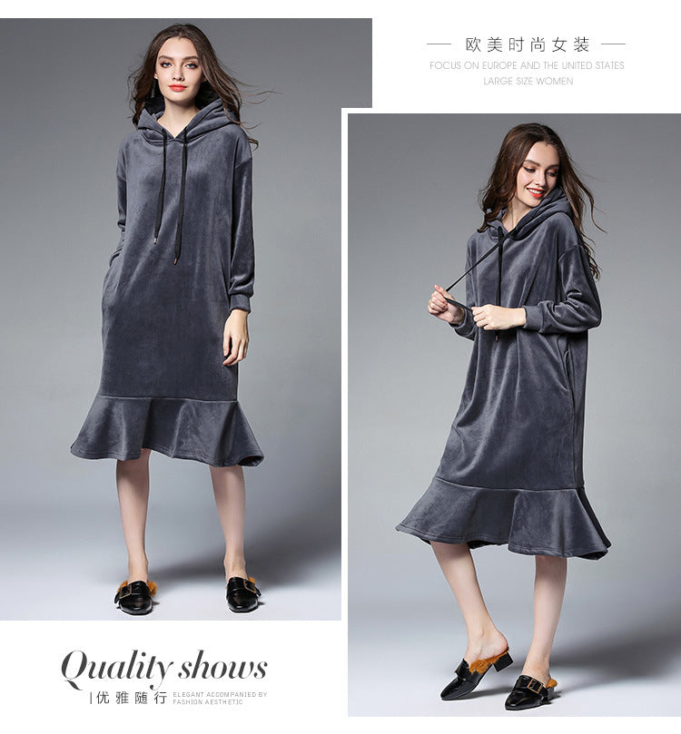 Europe and the United States large size women's autumn and winter fat mm long hooded sweater women's thick velvet bottoming skirt 6610