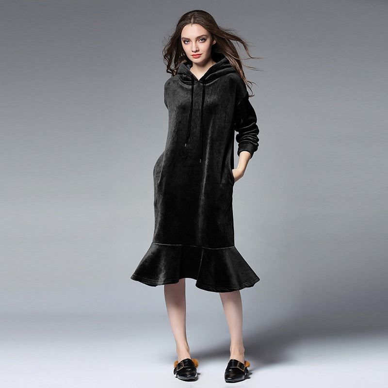 Europe and the United States large size women's autumn and winter fat mm long hooded sweater women's thick velvet bottoming skirt 6610