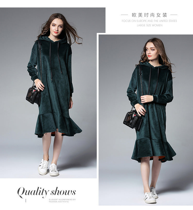 Europe and the United States large size women's autumn and winter fat mm long hooded sweater women's thick velvet bottoming skirt 6610