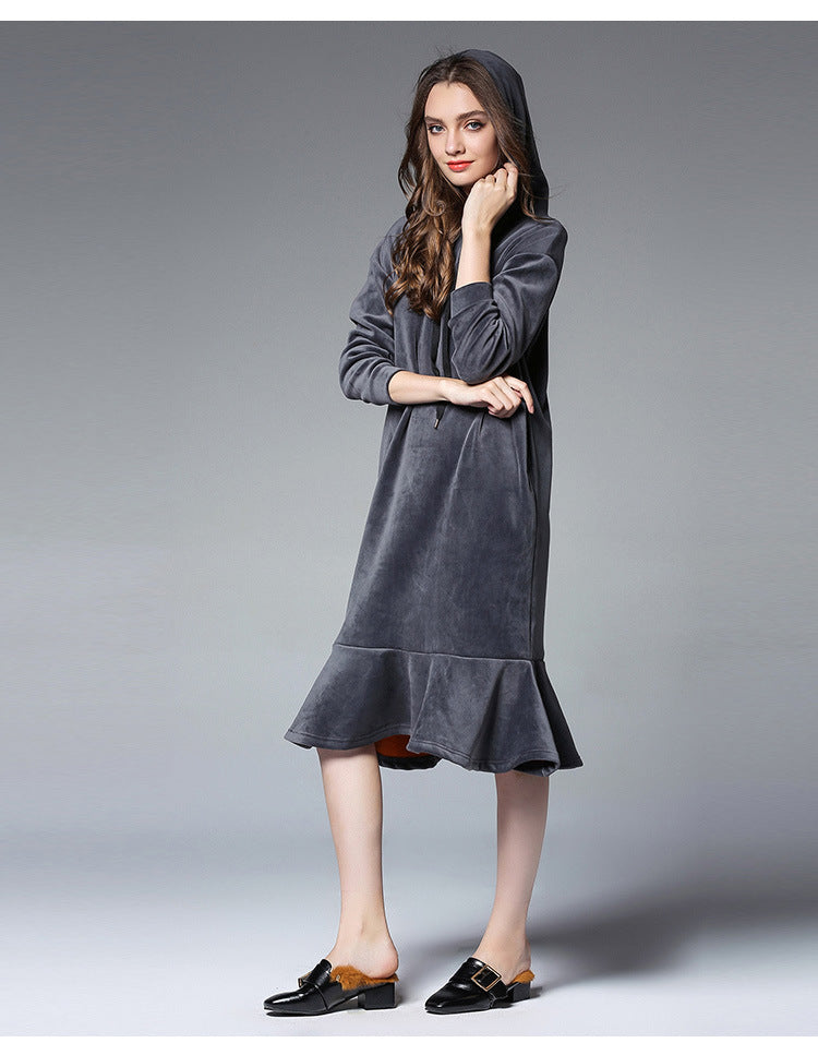 Europe and the United States large size women's autumn and winter fat mm long hooded sweater women's thick velvet bottoming skirt 6610