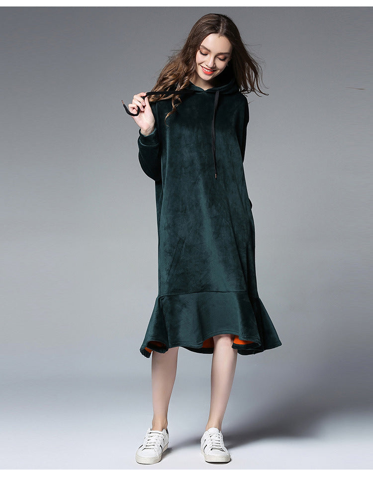 Europe and the United States large size women's autumn and winter fat mm long hooded sweater women's thick velvet bottoming skirt 6610