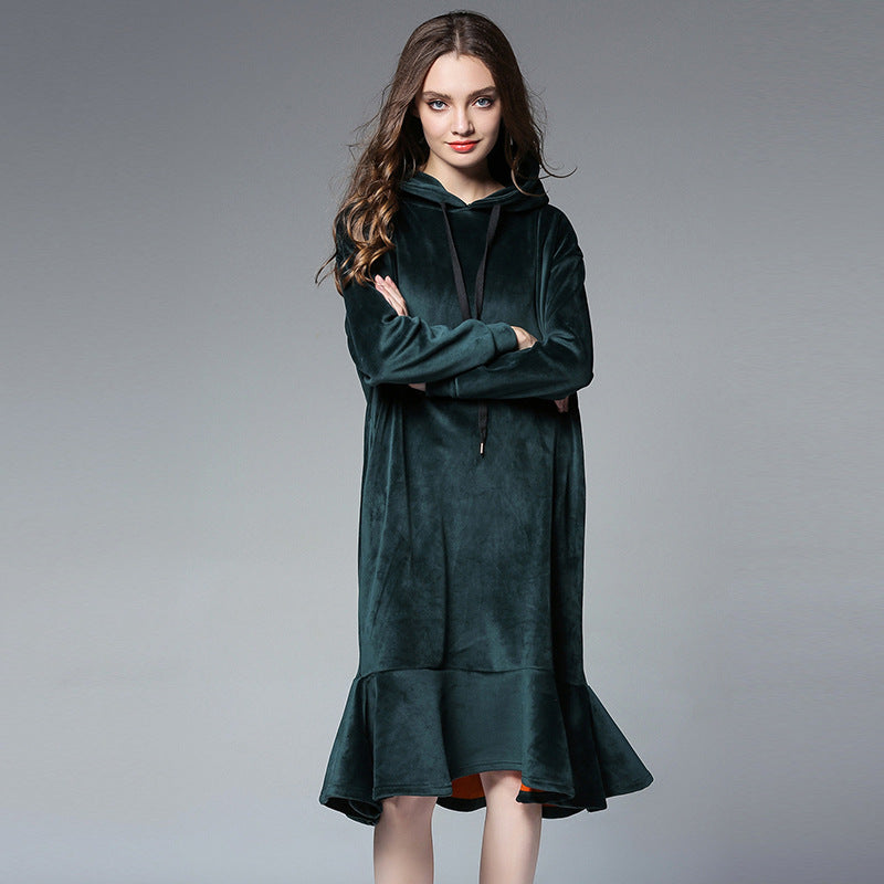 Europe and the United States large size women's autumn and winter fat mm long hooded sweater women's thick velvet bottoming skirt 6610