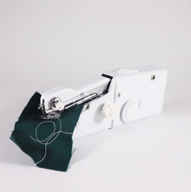 Portable Sewing Machine White with fabric sample